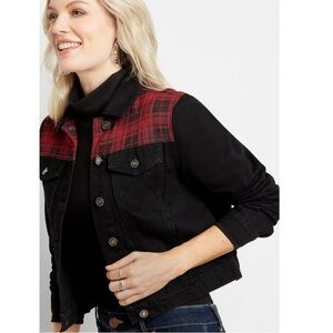 KanCan Western Plaid Black Denim Button Up Jean Jacket Women's size S